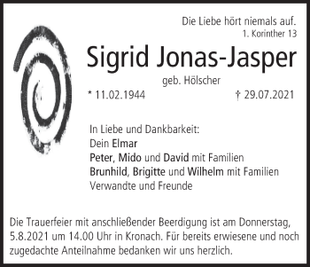 Anzeige von Sigrid Jonas-Jasper von MGO