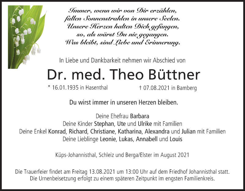  Traueranzeige für Theo Büttner vom 11.08.2021 aus MGO
