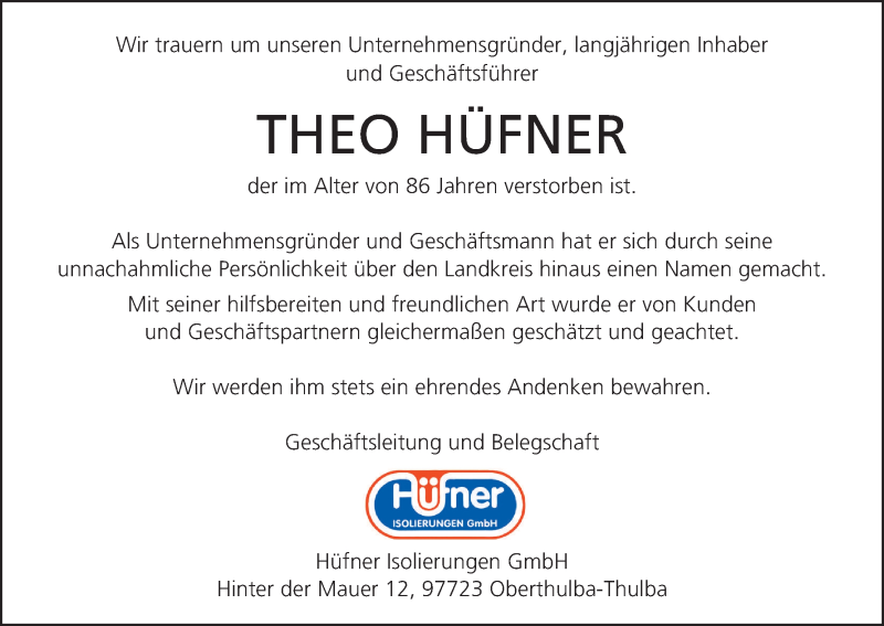  Traueranzeige für Theo Hüfner vom 04.08.2021 aus MGO