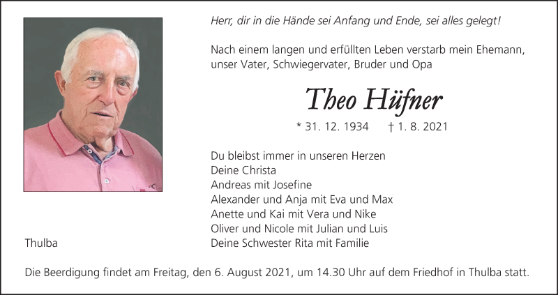  Traueranzeige für Theo Hüfner vom 04.08.2021 aus MGO