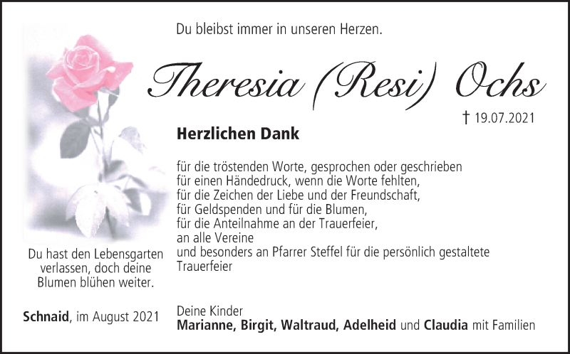 Traueranzeige für Theresia Ochs vom 21.08.2021 aus MGO
