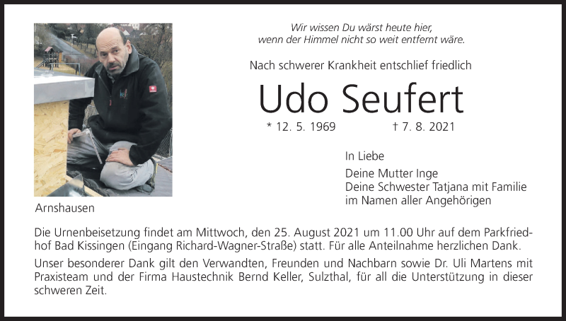  Traueranzeige für Udo Seufert vom 21.08.2021 aus MGO