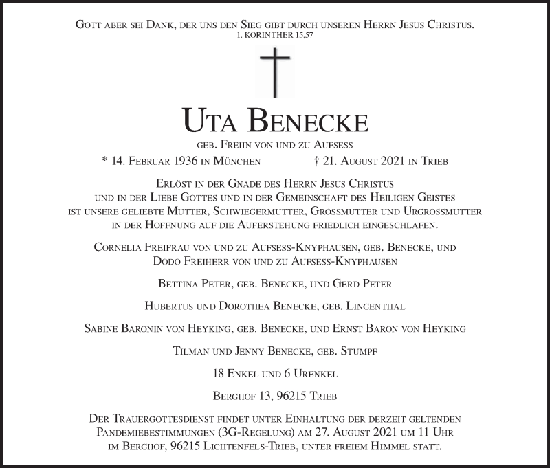  Traueranzeige für Uta Benecke vom 25.08.2021 aus MGO