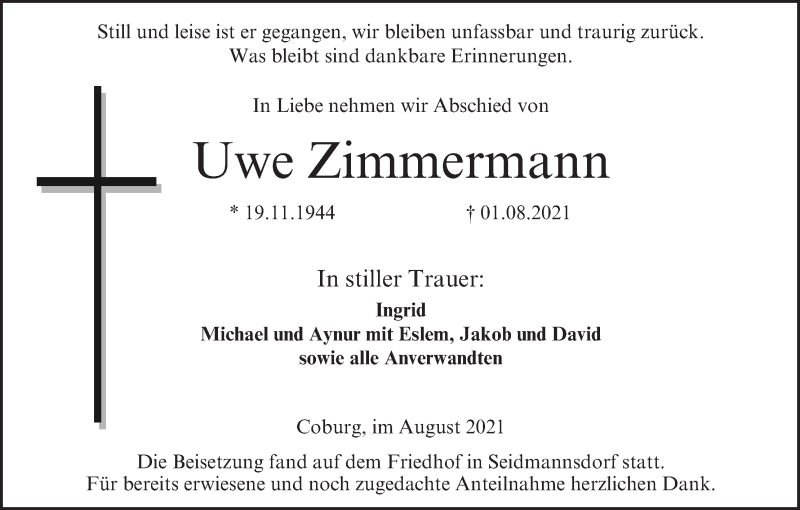  Traueranzeige für Uwe Zimmermann vom 14.08.2021 aus MGO