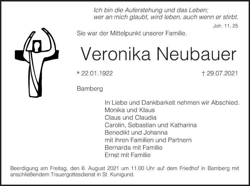  Traueranzeige für Veronika Neubauer vom 04.08.2021 aus MGO