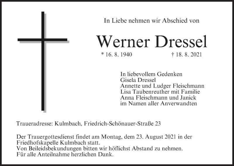  Traueranzeige für Werner Dressel vom 21.08.2021 aus MGO