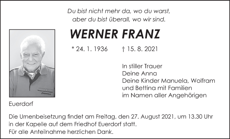  Traueranzeige für Werner Franz vom 21.08.2021 aus MGO