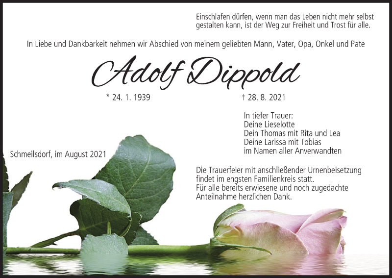  Traueranzeige für Adolf Dippold vom 02.09.2021 aus MGO