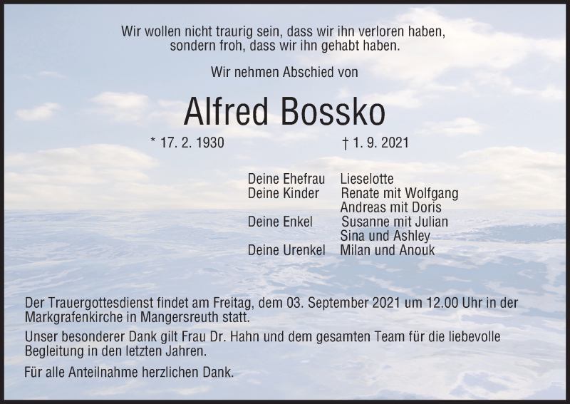  Traueranzeige für Alfred Bossko vom 03.09.2021 aus MGO