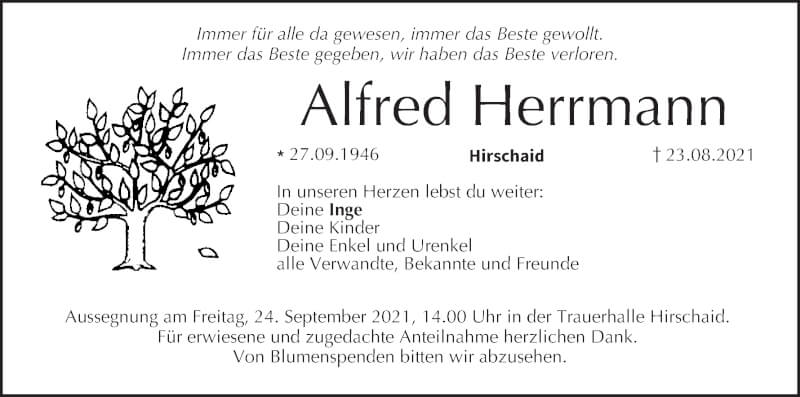  Traueranzeige für Alfred Herrmann vom 18.09.2021 aus MGO
