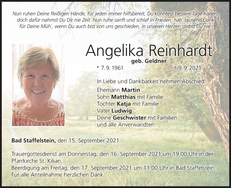  Traueranzeige für Angelika Reinhard vom 15.09.2021 aus MGO
