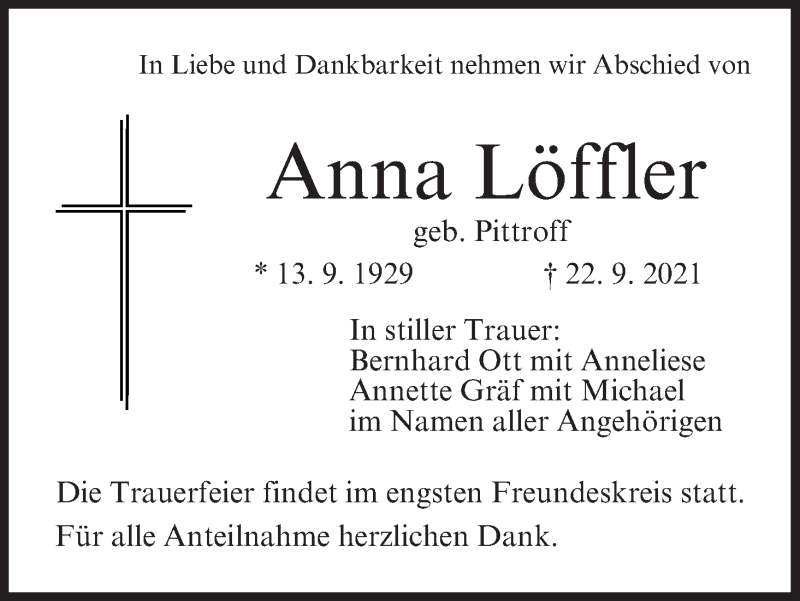  Traueranzeige für Anna Löffler vom 25.09.2021 aus MGO