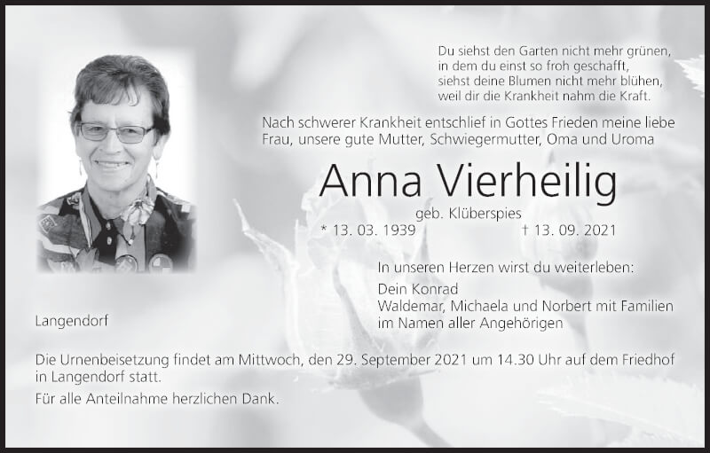  Traueranzeige für Anna Vierheilig vom 18.09.2021 aus MGO