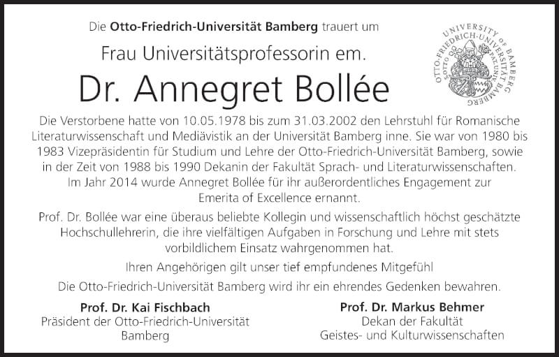  Traueranzeige für Annegret Bollée vom 18.09.2021 aus MGO