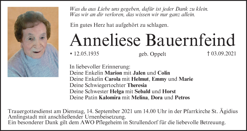  Traueranzeige für Anneliese Bauernfeind vom 11.09.2021 aus MGO