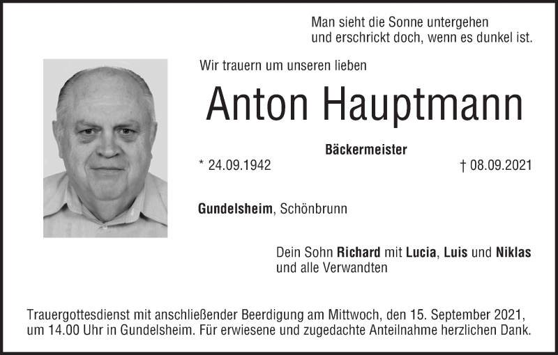  Traueranzeige für Anton Hauptmann vom 11.09.2021 aus MGO