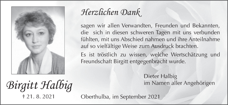  Traueranzeige für Birgitt Halbig vom 11.09.2021 aus MGO