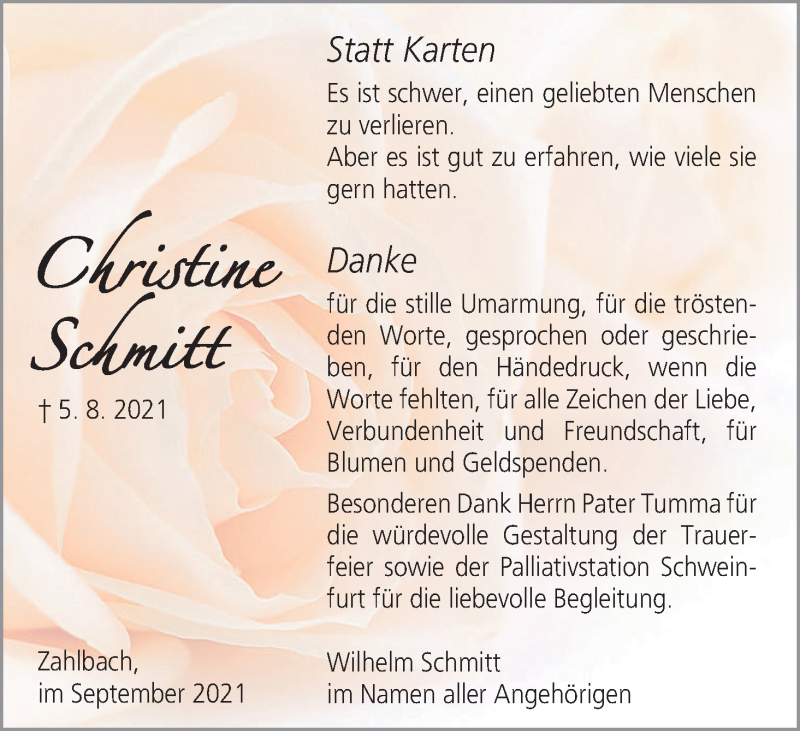  Traueranzeige für Christine Schmitt vom 11.09.2021 aus MGO