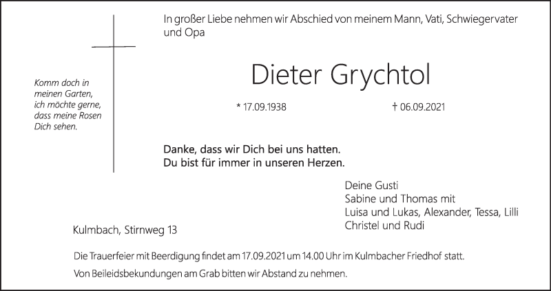 Traueranzeige für Dieter Grychtol vom 14.09.2021 aus MGO