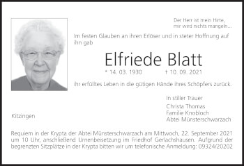 Anzeige von Elfriede Blatt von MGO