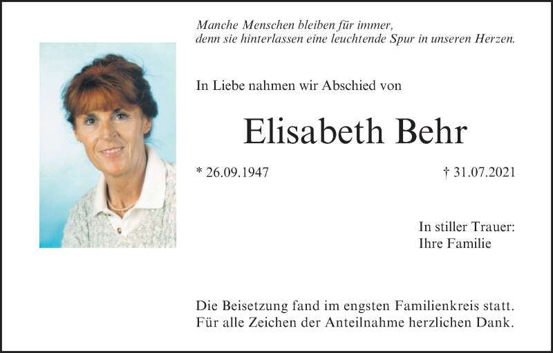  Traueranzeige für Elisabeth Behr vom 04.09.2021 aus MGO