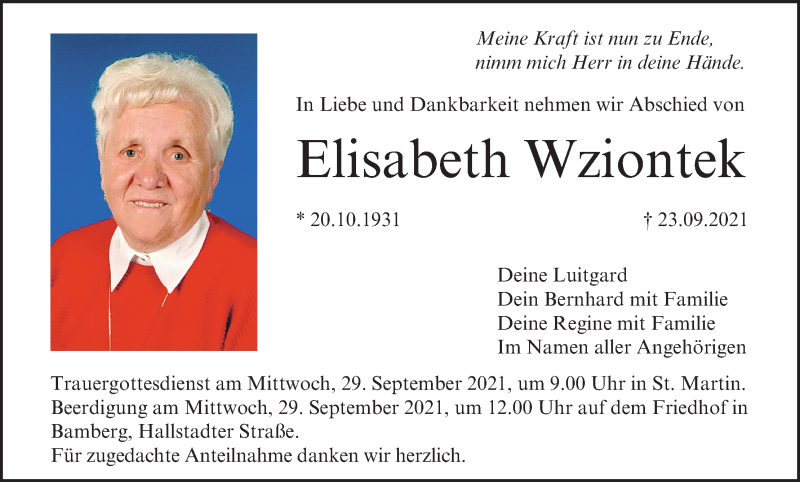  Traueranzeige für Elisabeth Wziontek vom 28.09.2021 aus MGO