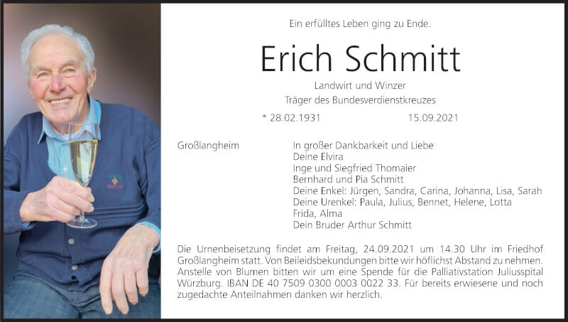  Traueranzeige für Erich Schmitt vom 18.09.2021 aus MGO