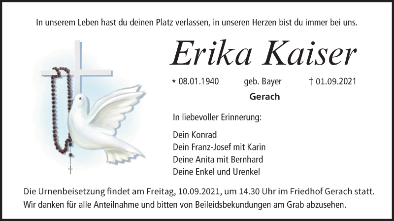 Traueranzeige für Erika Kaiser vom 08.09.2021 aus MGO