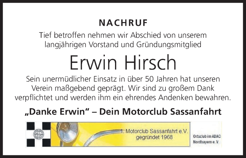  Traueranzeige für Erwin Hirsch vom 04.09.2021 aus MGO