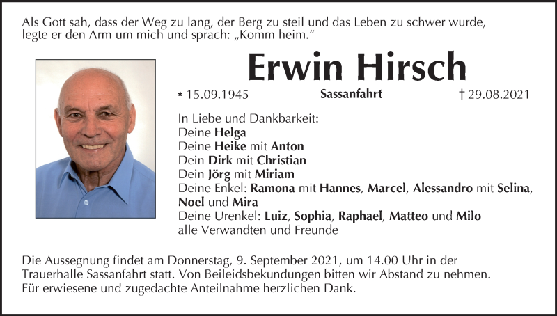  Traueranzeige für Erwin Hirsch vom 04.09.2021 aus MGO