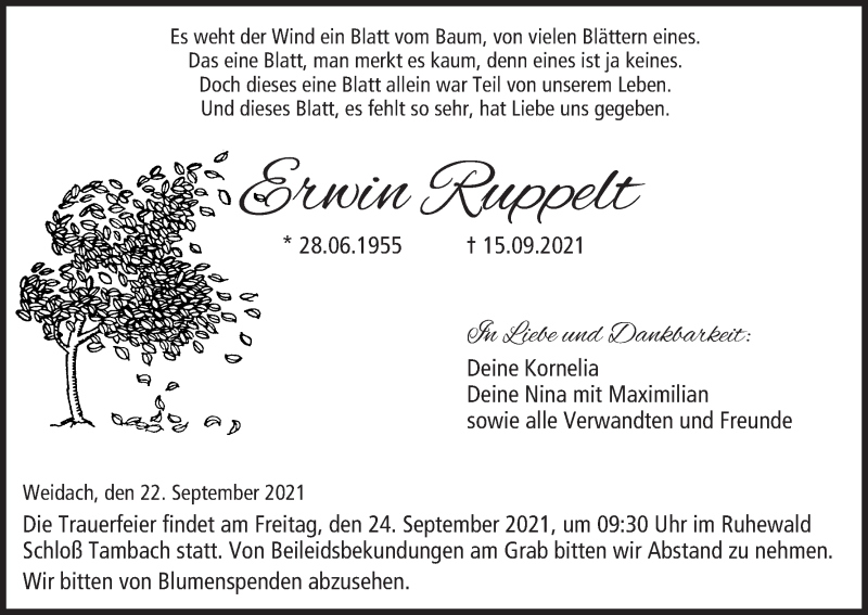  Traueranzeige für Erwin Ruppelt vom 22.09.2021 aus MGO