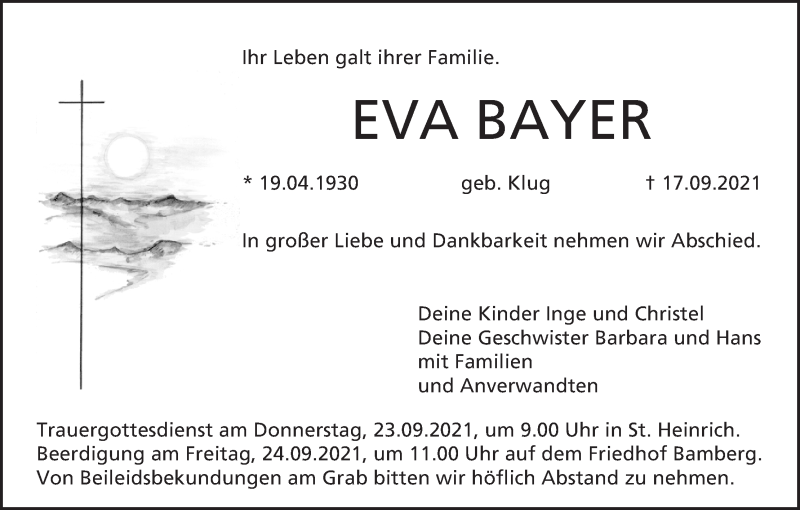  Traueranzeige für Eva Bayer vom 22.09.2021 aus MGO