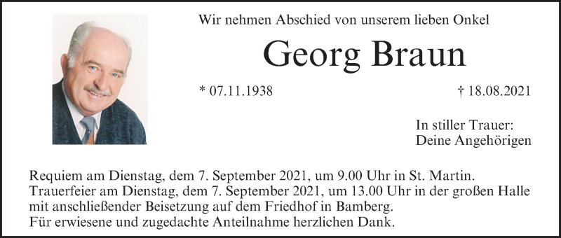  Traueranzeige für Georg Braun vom 04.09.2021 aus MGO