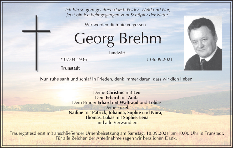  Traueranzeige für Georg Brehm vom 11.09.2021 aus MGO