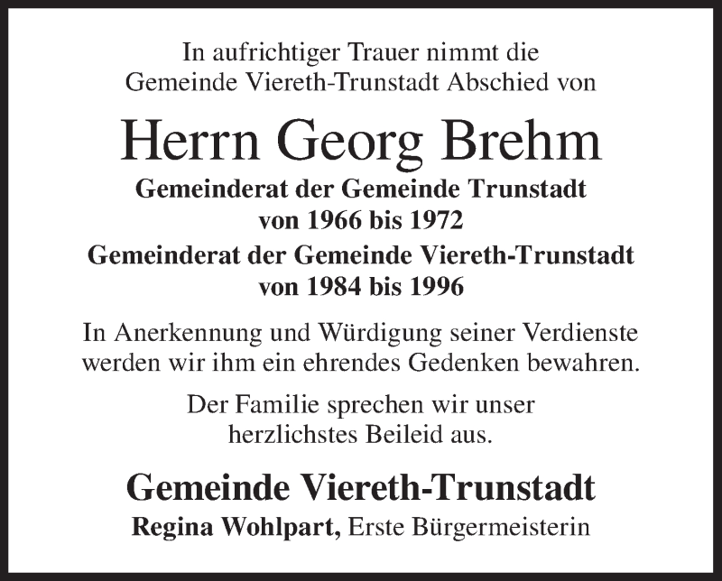 Traueranzeige für Georg Brehm vom 11.09.2021 aus MGO