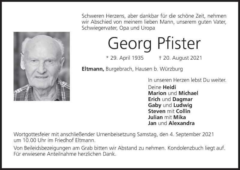 Traueranzeige für Georg Pfister vom 01.09.2021 aus MGO