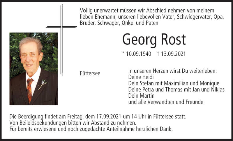  Traueranzeige für Georg Rost vom 16.09.2021 aus MGO