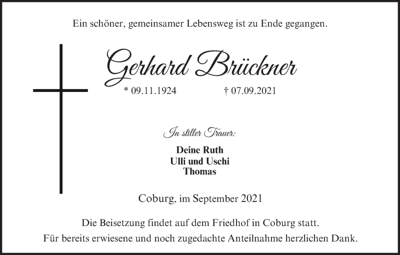  Traueranzeige für Gerhard Brückner vom 14.09.2021 aus MGO