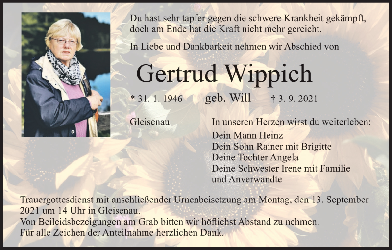  Traueranzeige für Gertrud Wippich vom 08.09.2021 aus MGO