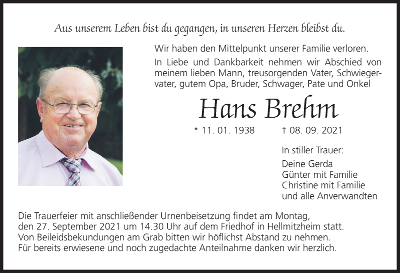  Traueranzeige für Hans Brehm vom 25.09.2021 aus MGO