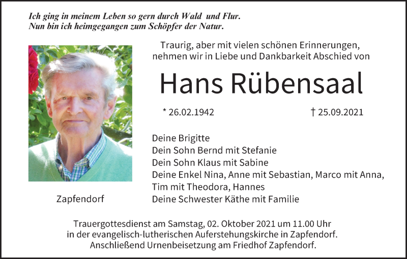  Traueranzeige für Hans Rübensaal vom 29.09.2021 aus MGO