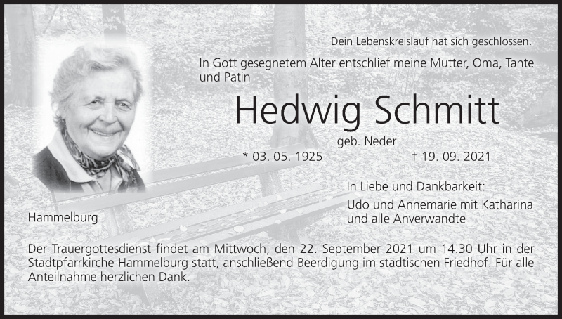  Traueranzeige für Hedwig Schmitt vom 21.09.2021 aus MGO