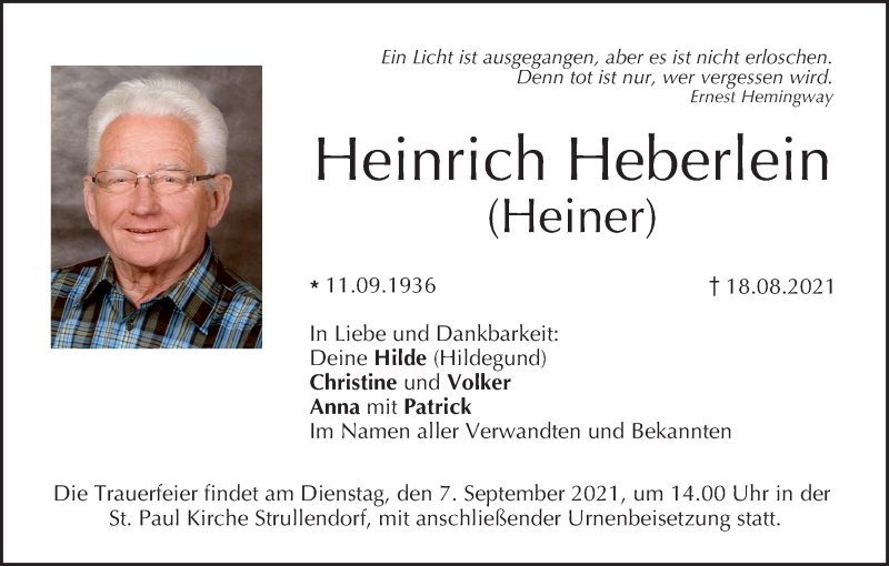  Traueranzeige für Heinrich Heberlein vom 04.09.2021 aus MGO