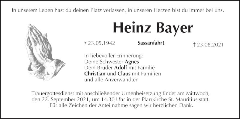  Traueranzeige für Heinz Bayer vom 18.09.2021 aus MGO