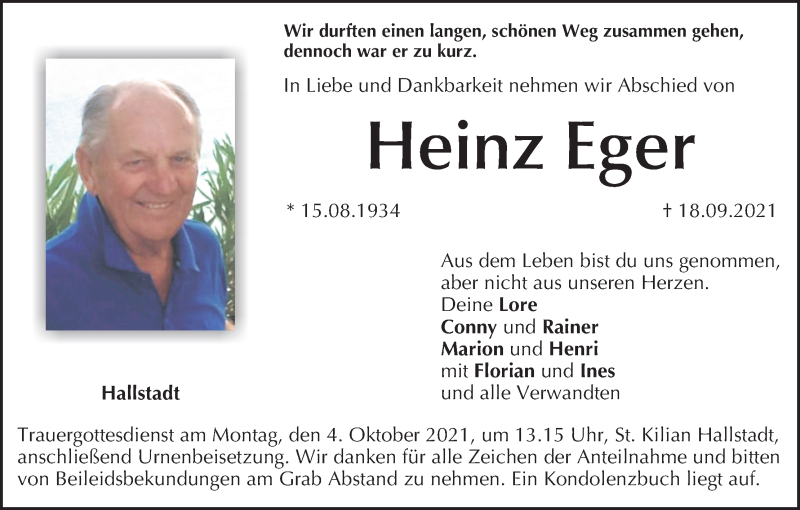  Traueranzeige für Heinz Eger vom 25.09.2021 aus MGO