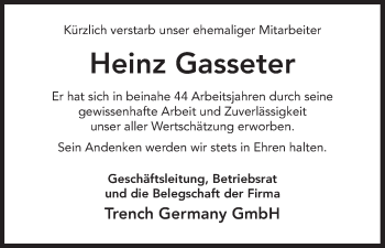 Anzeige von Heinz Gasseter von MGO