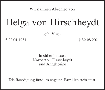 Anzeige von Helga von Hirschheydt von MGO