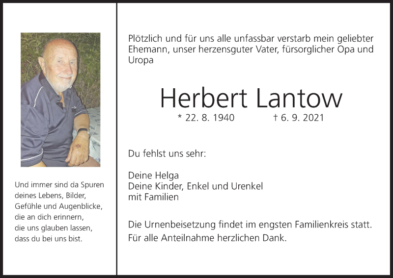  Traueranzeige für Herbert Lantow vom 11.09.2021 aus MGO
