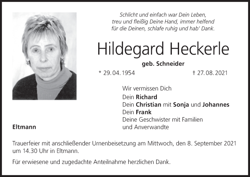  Traueranzeige für Hildegard Heckerle vom 07.09.2021 aus MGO