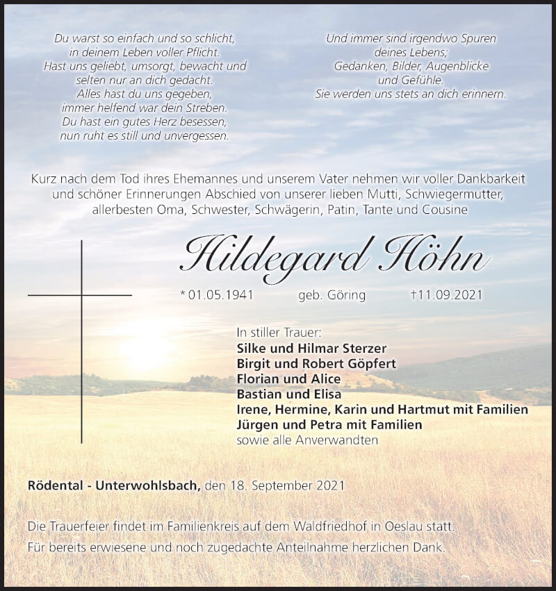  Traueranzeige für Hildegard Höhn vom 18.09.2021 aus MGO